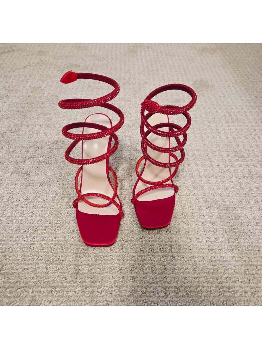 Red Satin Rhinestone Snake Spiral Stiletto Heels Sandals size 38